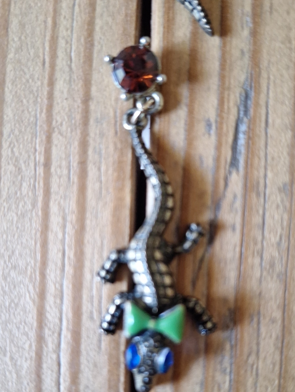Betsy Johnsin Alligator Dangle Earrings with Green Bows and Blue Eyes - Picture 2 of 3